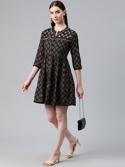 Black Color Rayon Fabric Gathered  Dress