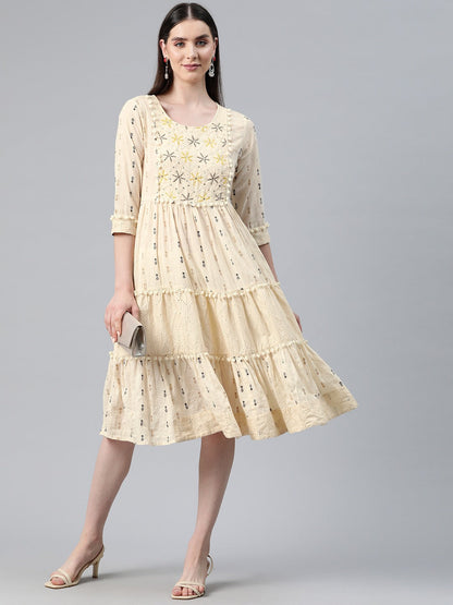 Cream Color Cotton Fabric Tiered Dress Trendphoria Cream Color Cotton Fabric Tiered Dress Trendphoria