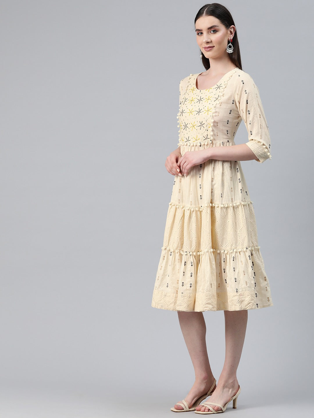 Cream Color Cotton Fabric Tiered Dress