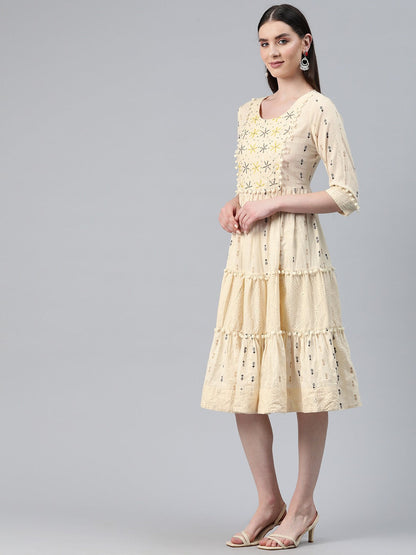 Cream Color Cotton Fabric Tiered Dress