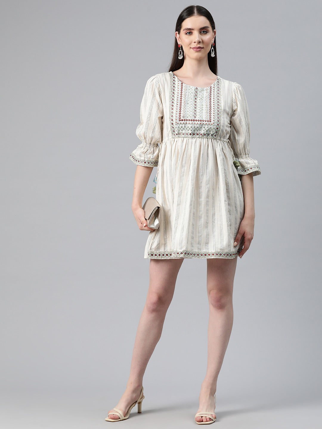 Off White Color Cotton Fabric Tiered Dress