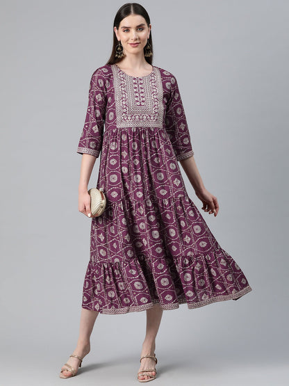 Maroon Color Art Silk Fabric Tiered Dress