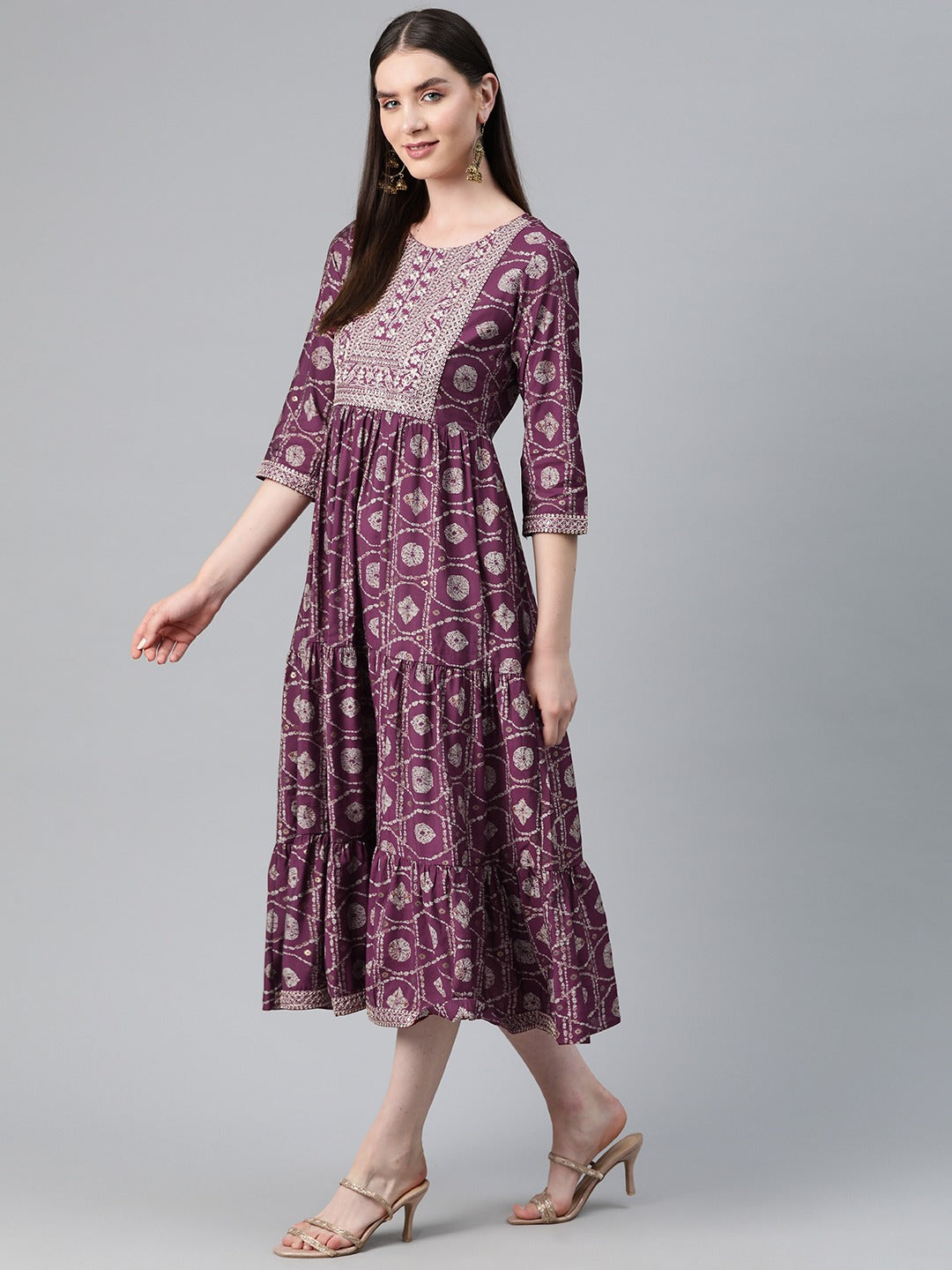 Maroon Color Art Silk Fabric Tiered Dress