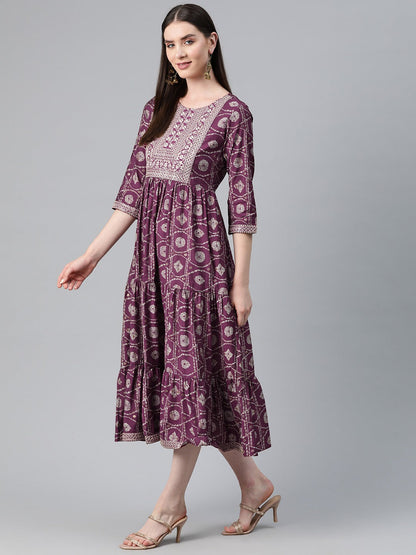 Maroon Color Art Silk Fabric Tiered Dress