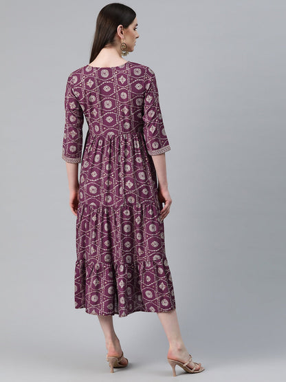 Maroon Color Art Silk Fabric Tiered Dress
