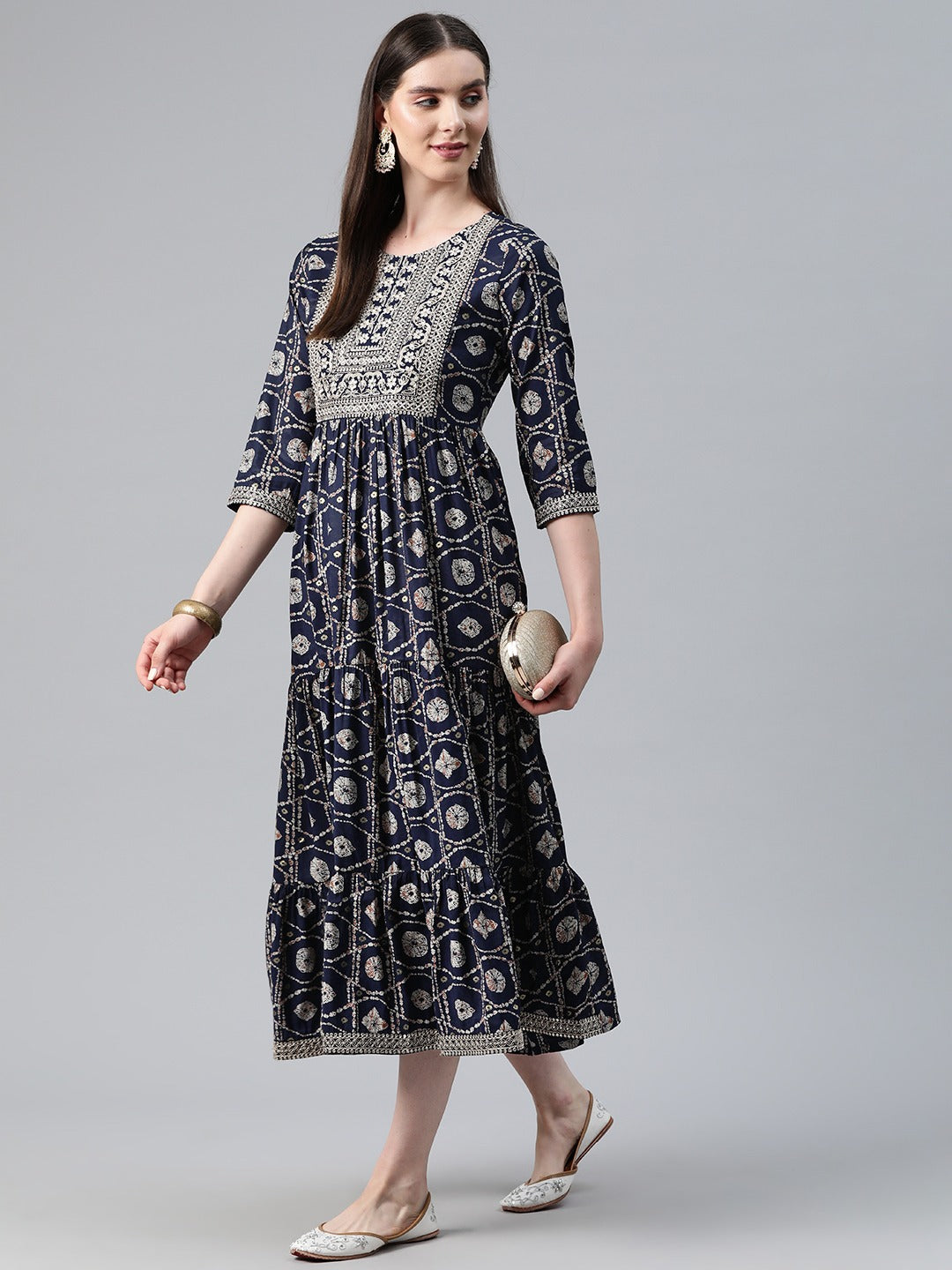 Navy Blue Color Art Silk Fabric Tiered Dress