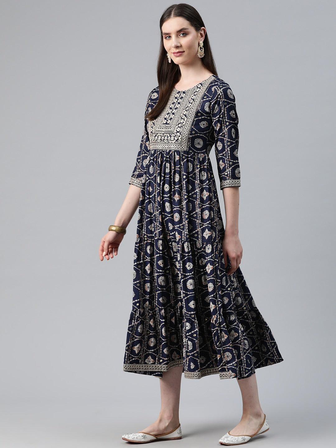 Navy Blue Color Art Silk Fabric Tiered Dress