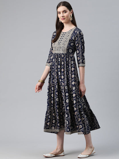 Navy Blue Color Art Silk Fabric Tiered Dress