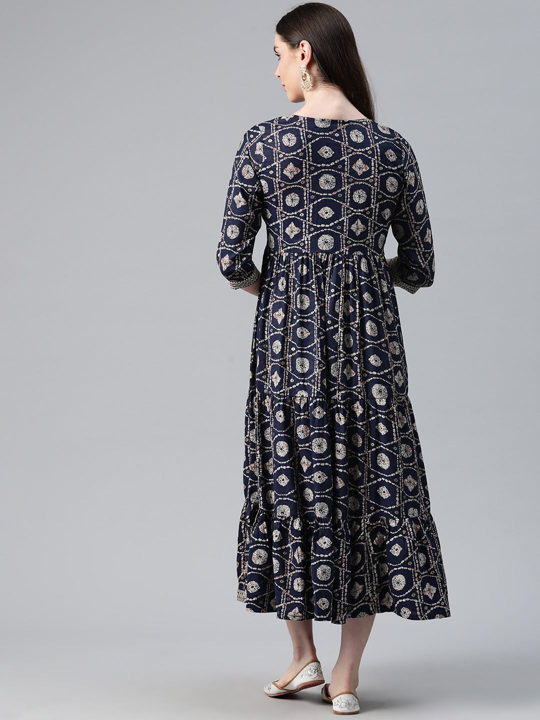 Navy Blue Color Art Silk Fabric Tiered Dress