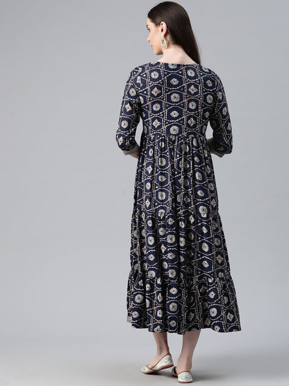 Navy Blue Color Art Silk Fabric Tiered Dress