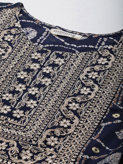 Navy Blue Color Art Silk Fabric Tiered Dress