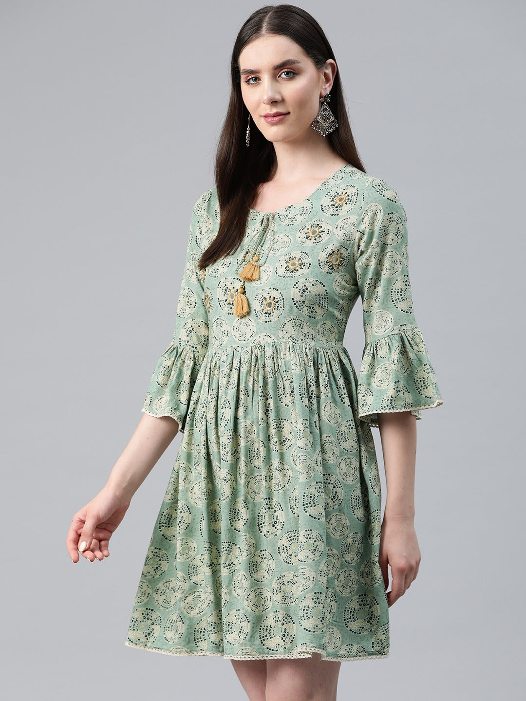 Green Color Rayon Fabric Gathered Dress