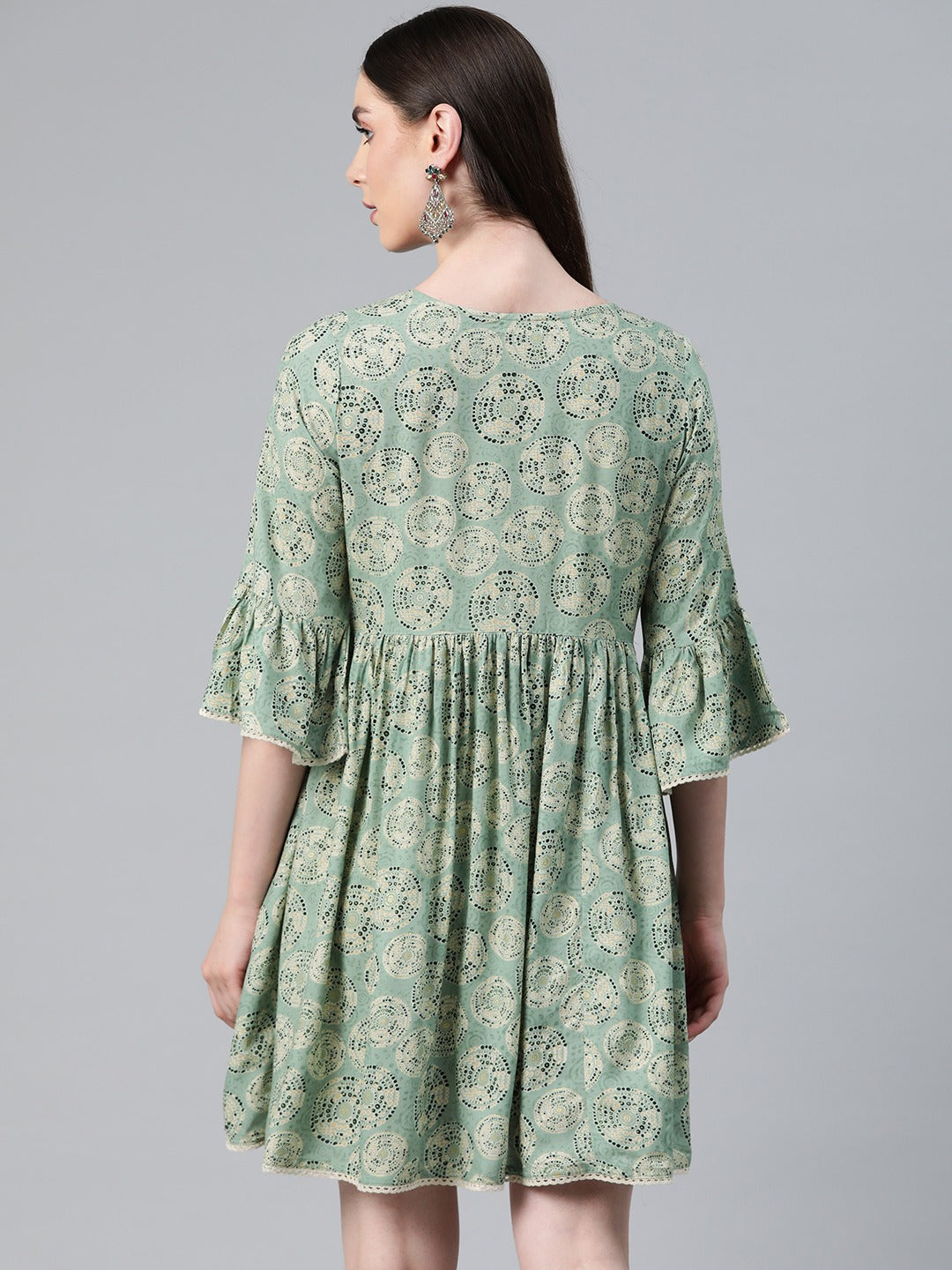 Green Color Rayon Fabric Gathered Dress
