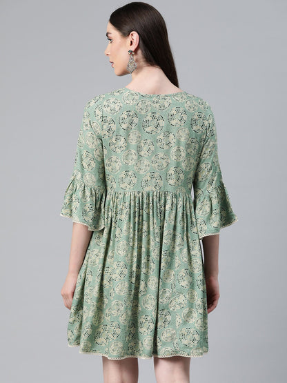 Green Color Rayon Fabric Gathered Dress