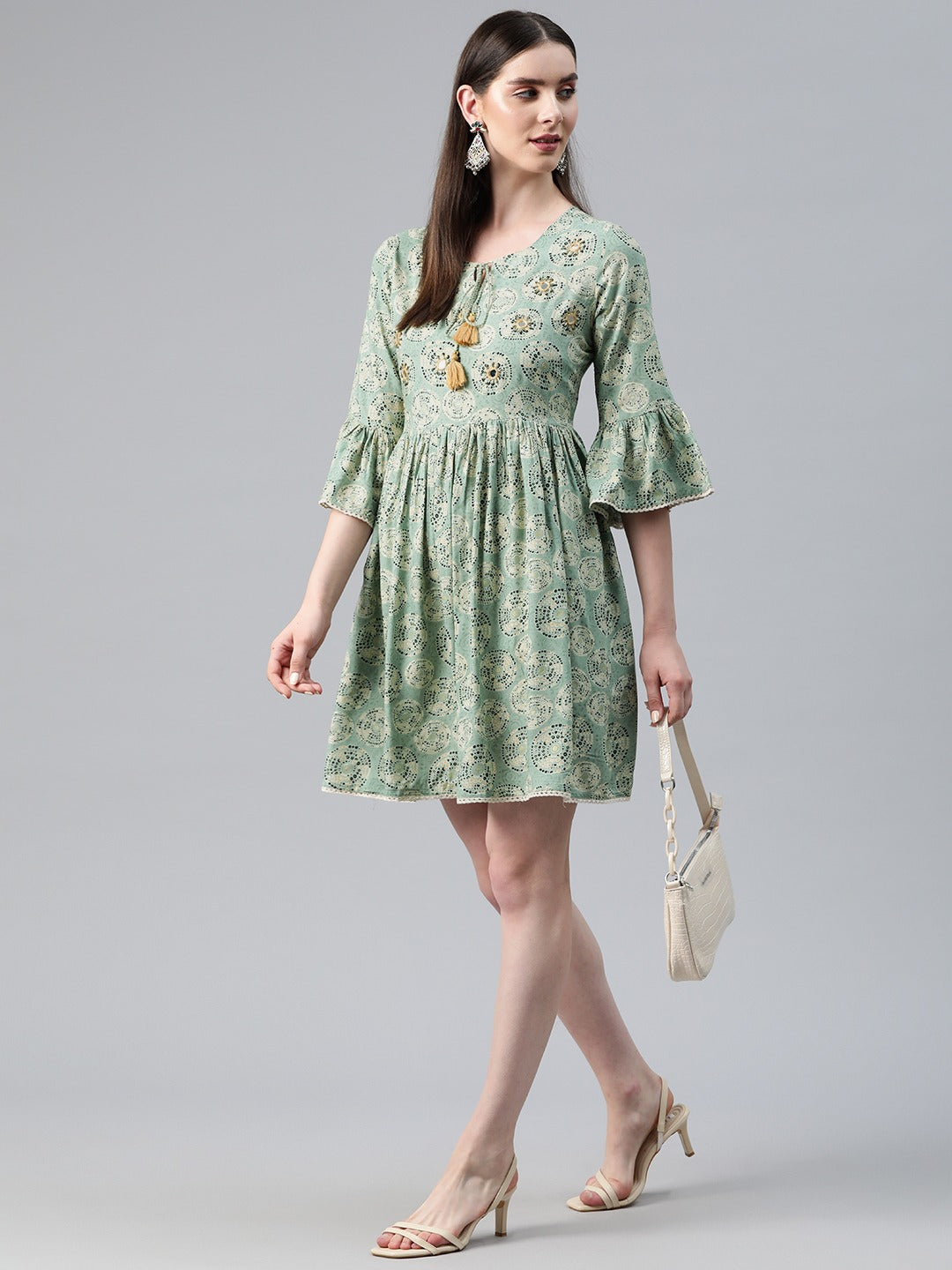 Green Color Rayon Fabric Gathered Dress