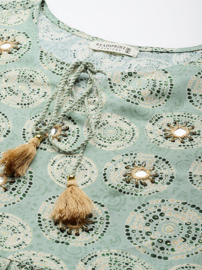 Green Color Rayon Fabric Gathered Dress