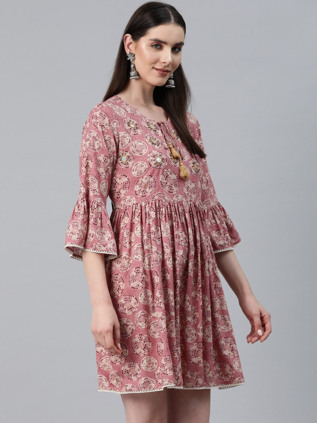 Pink Color Rayon Fabric Gathered Dress