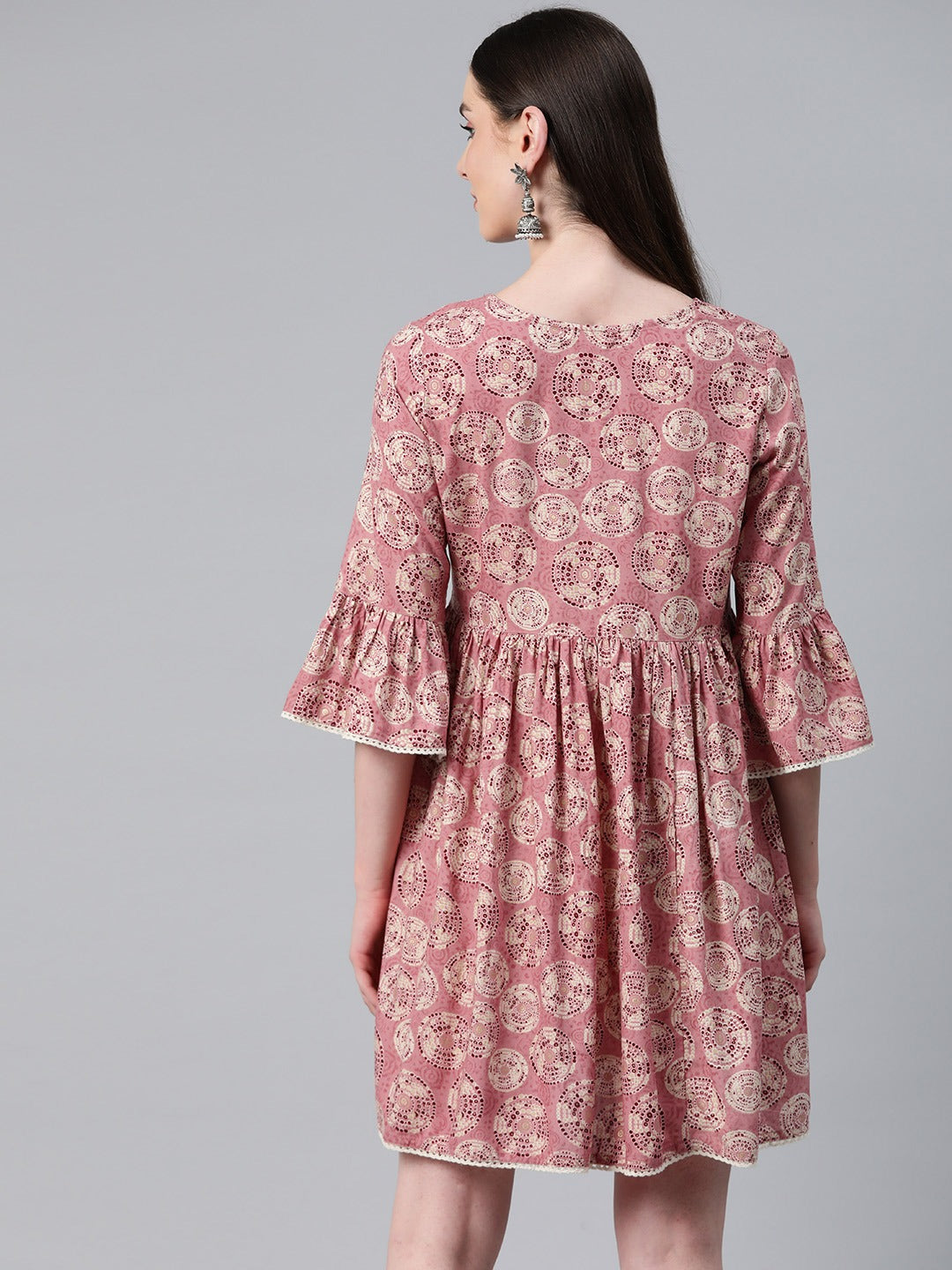 Pink Color Rayon Fabric Gathered Dress