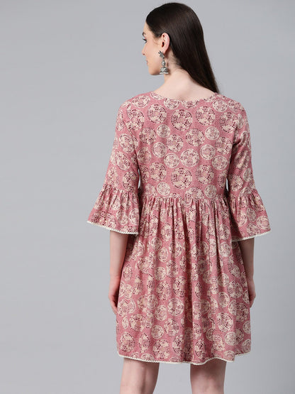 Pink Color Rayon Fabric Gathered Dress