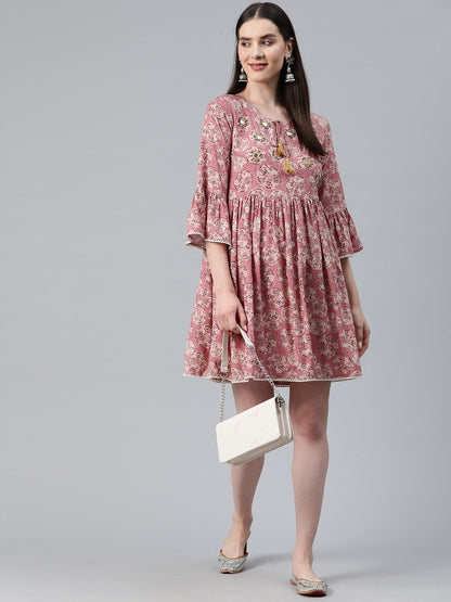 Pink Color Rayon Fabric Gathered Dress