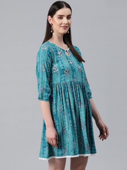 Blue Color Rayon Fabric Gathered Dress
