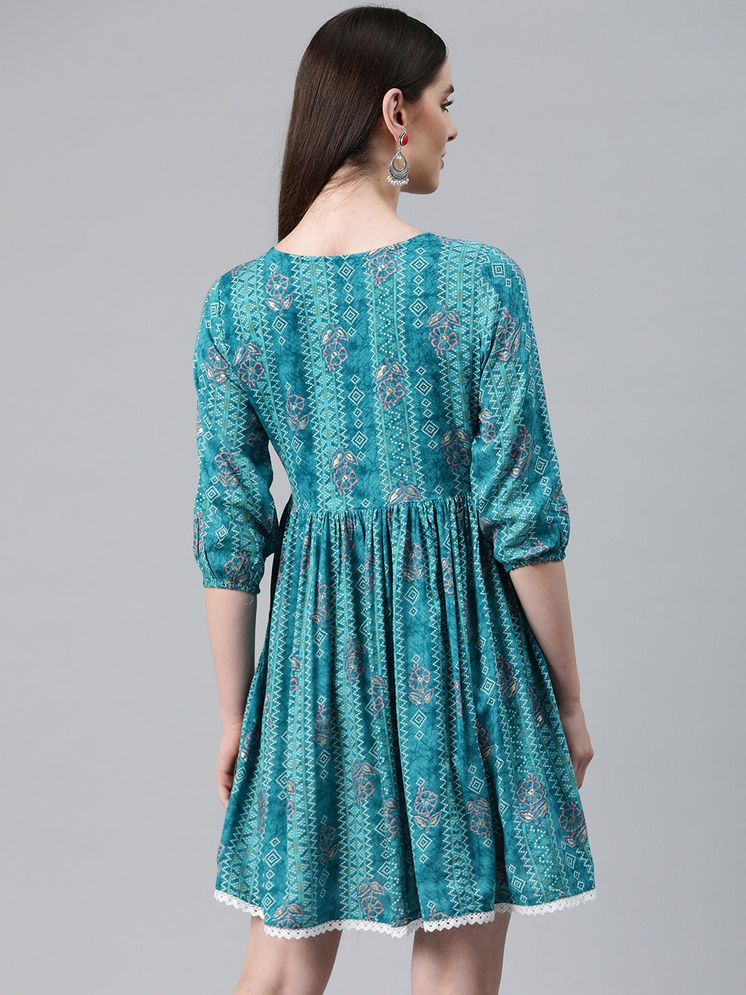 Blue Color Rayon Fabric Gathered Dress