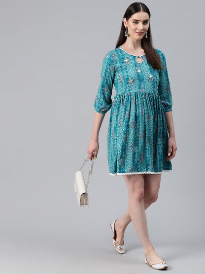 Blue Color Rayon Fabric Gathered Dress