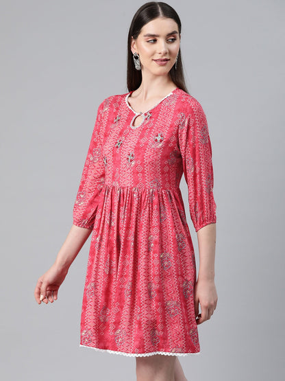 Pink Color Rayon Fabric Gathered Dress