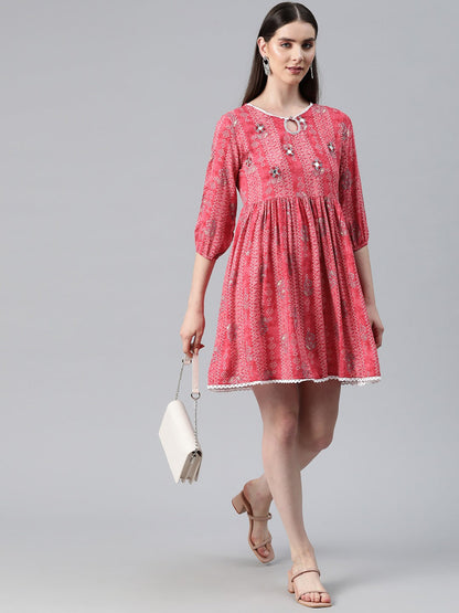 Pink Color Rayon Fabric Gathered Dress