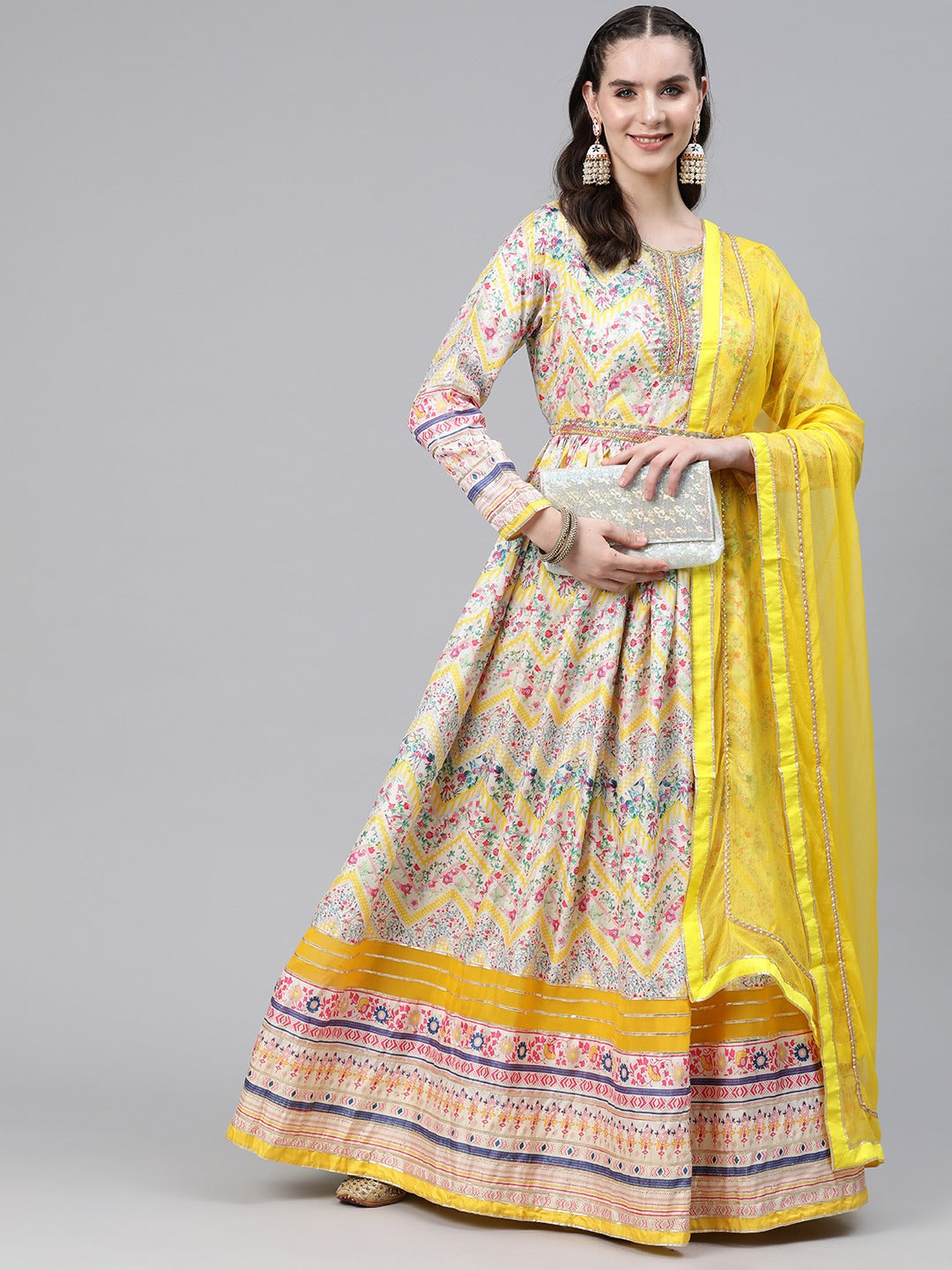 Yellow Color Crepe Fabric  Gown With Dupatta