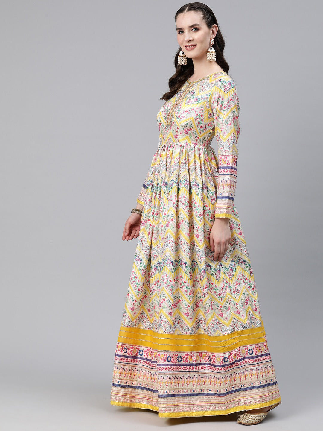 Yellow Color Crepe Fabric  Gown With Dupatta