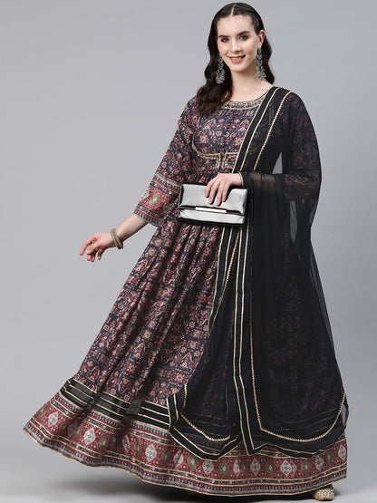Black Color Crepe Fabric Gown With Dupatta