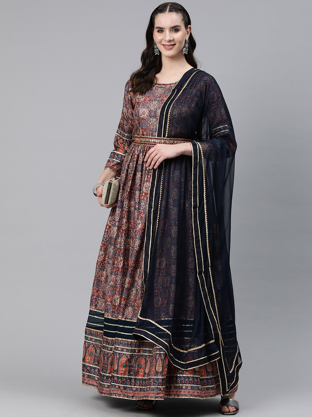 Blue Color Crepe Fabric Gown With Dupatta