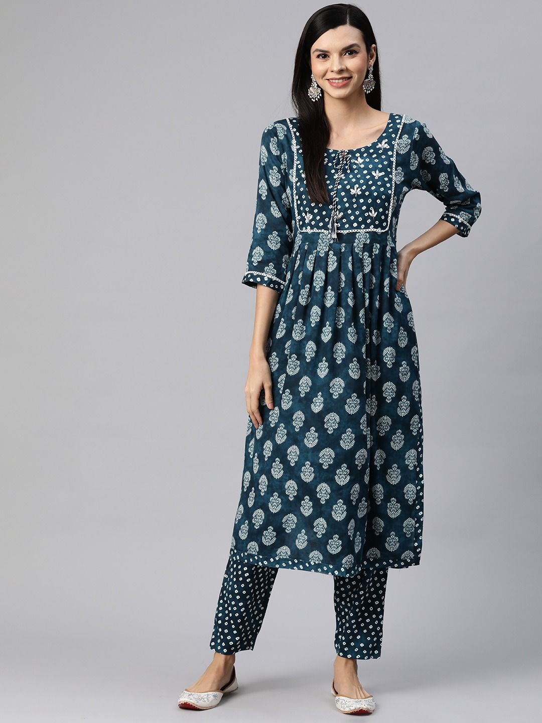 Flared Style Rayon Fabric Blue Color Kurta With Bottom