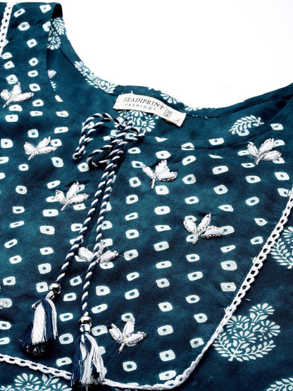 Flared Style Rayon Fabric Blue Color Kurta With Bottom