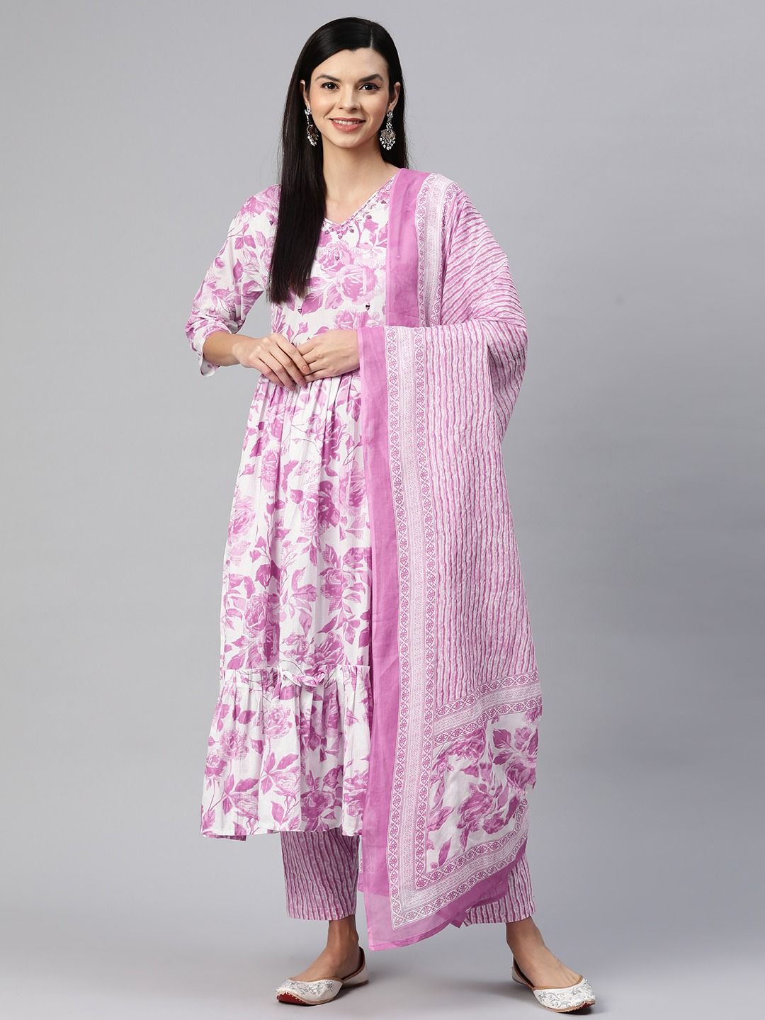 Flared Style Cotton Fabric Pink Color Kurta With Bottom