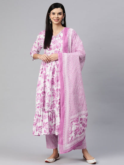 Flared Style Cotton Fabric Pink Color Kurta With Bottom