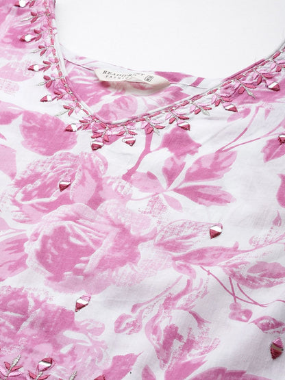 Flared Style Cotton Fabric Pink Color Kurta With Bottom