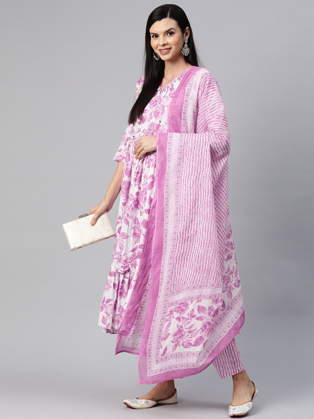 Flared Style Cotton Fabric Pink Color Kurta With Bottom