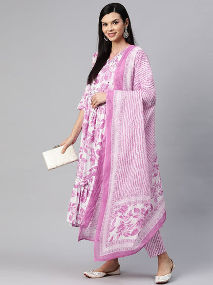Flared Style Cotton Fabric Pink Color Kurta With Bottom