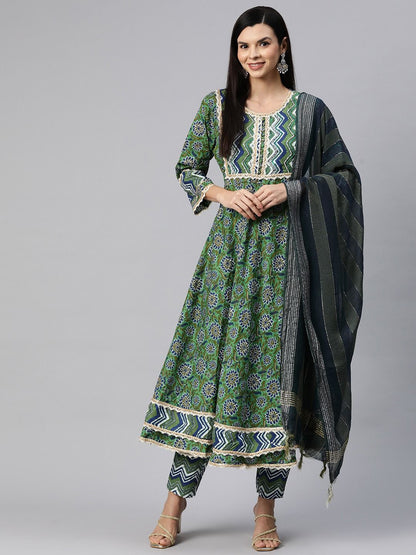 Anarkali Style Cotton Fabric Green Color Kurta With Bottom With Dupatta