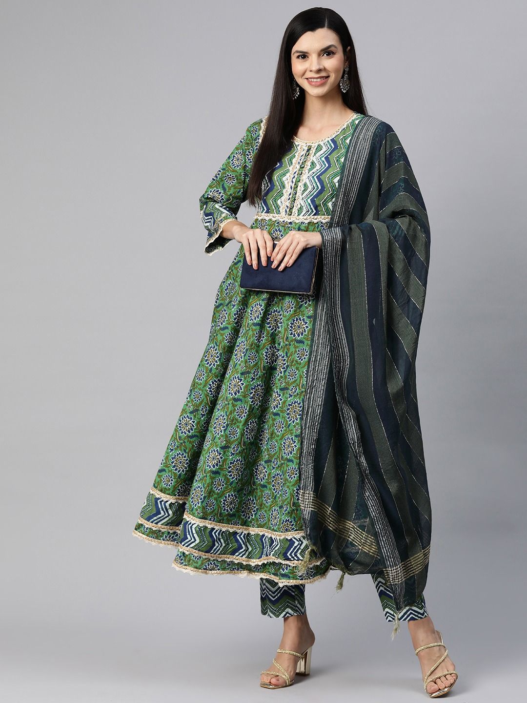 Anarkali Style Cotton Fabric Green Color Kurta With Bottom With Dupatta