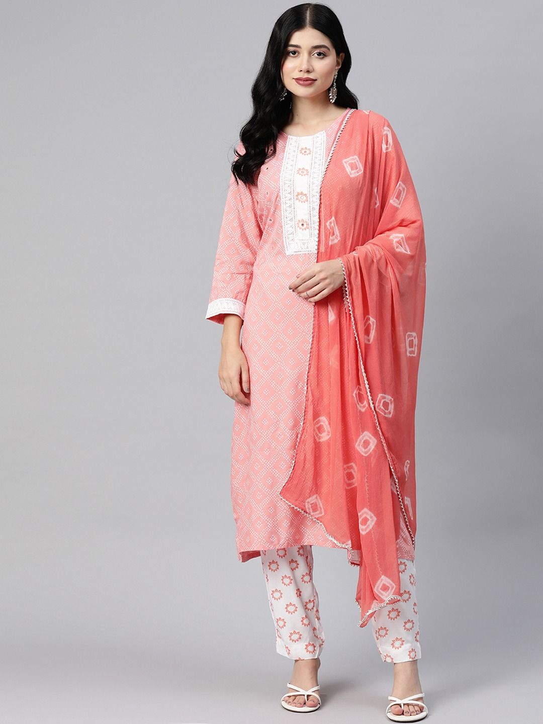Straight Style Rayon Fabric Peach Color Kurta With Bottom With Dupatta