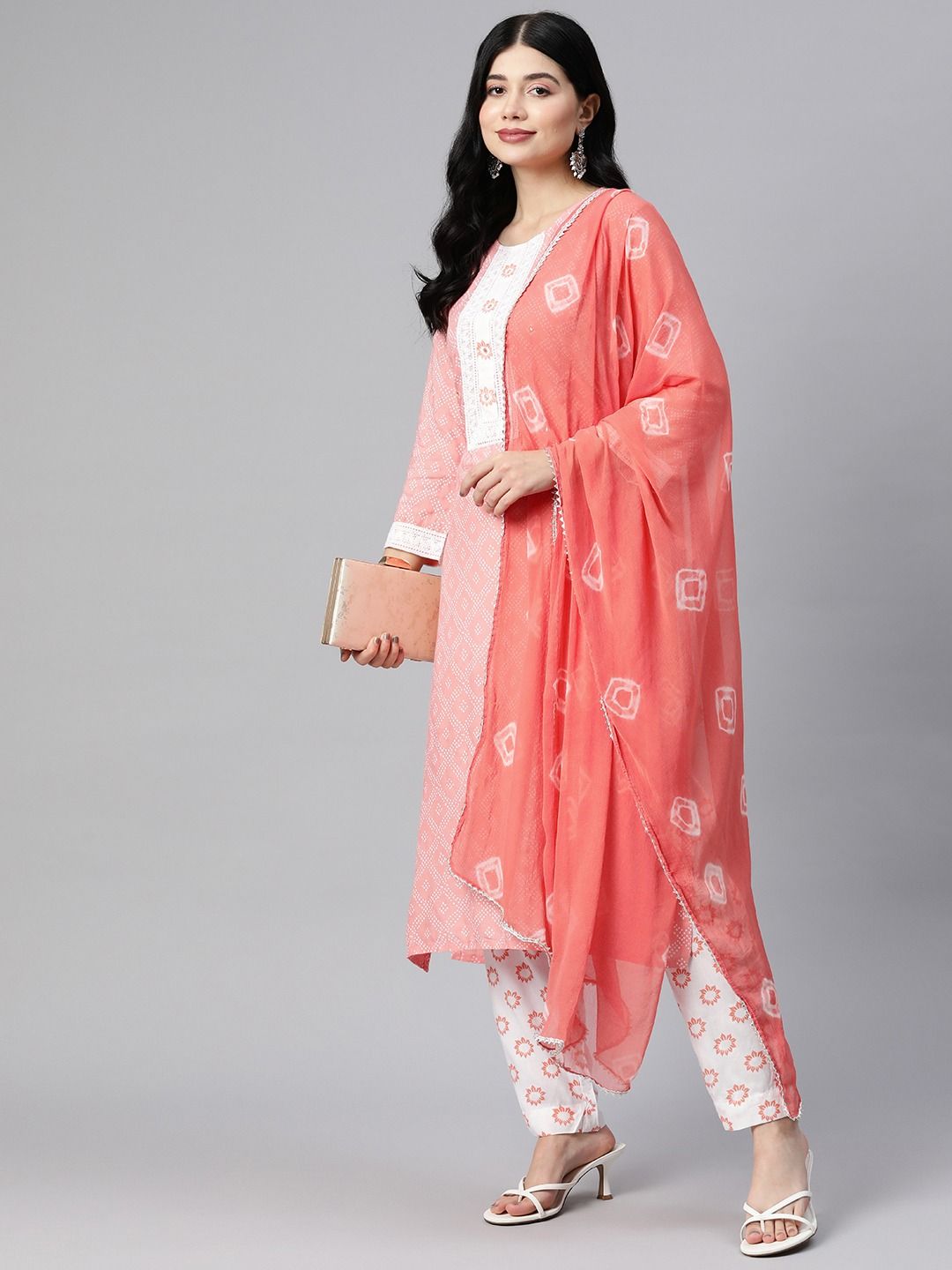 Straight Style Rayon Fabric Peach Color Kurta With Bottom With Dupatta
