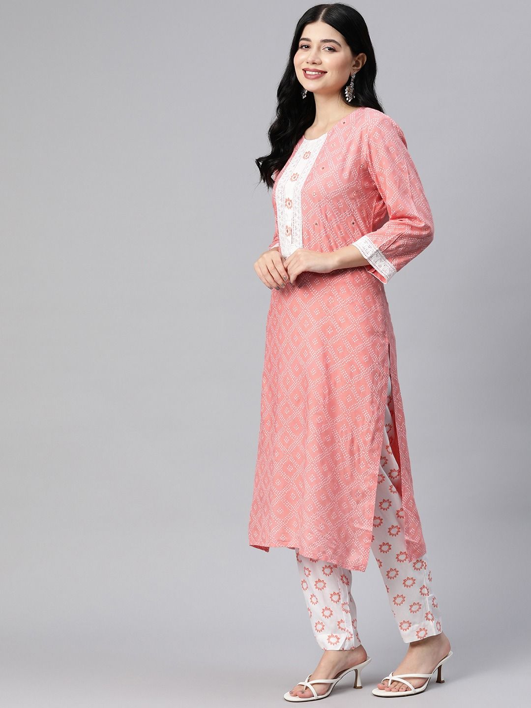 Straight Style Rayon Fabric Peach Color Kurta With Bottom With Dupatta