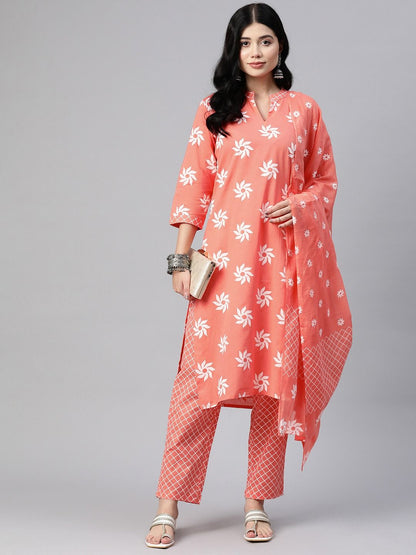 Straight Style Cotton Fabric Orange Color Kurta With Bottom With Dupatta