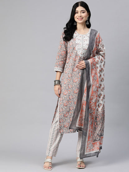 Straight Style Cotton Fabric Grey Color Kurta With Bottom With Dupatta