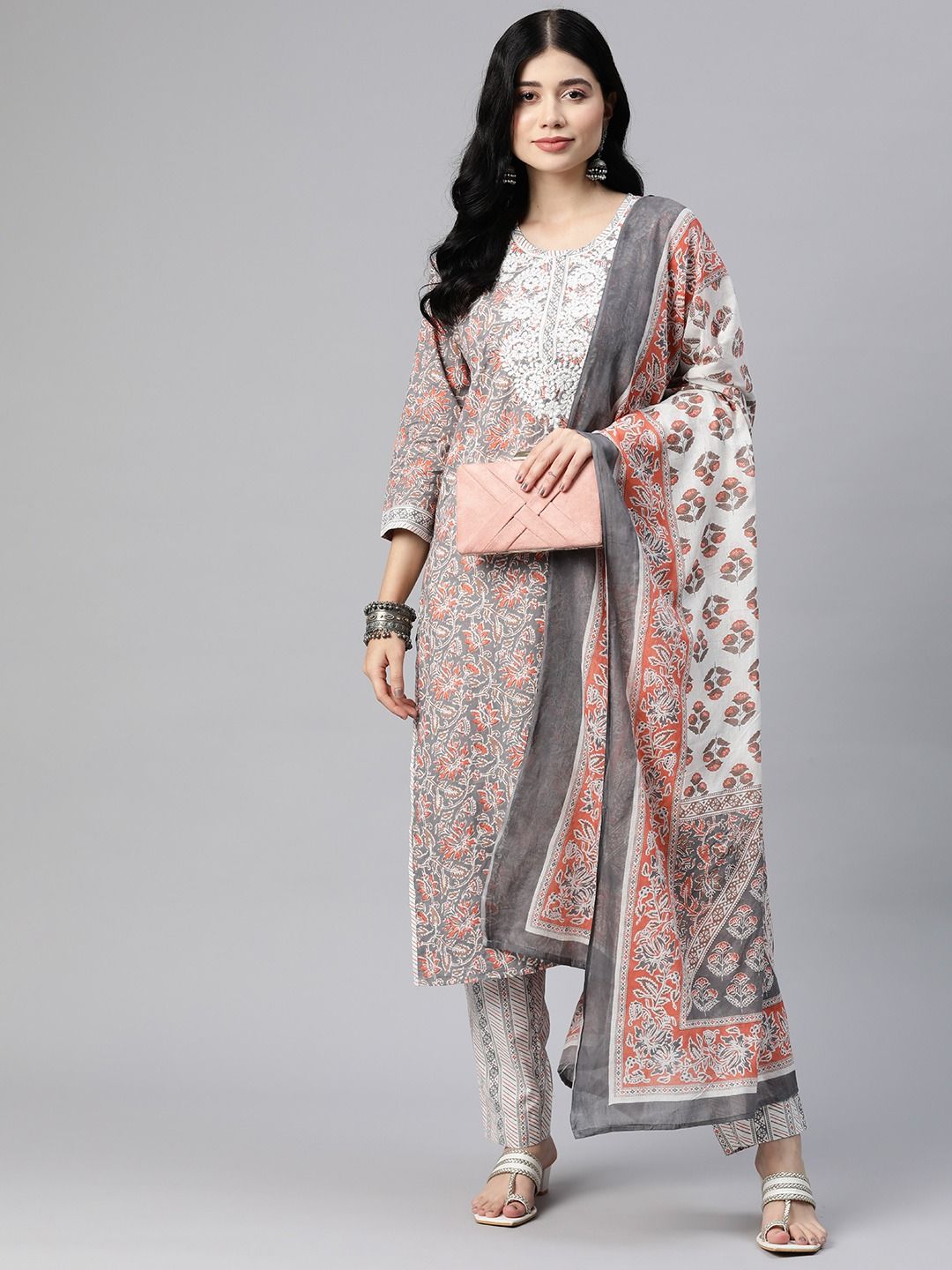 Straight Style Cotton Fabric Grey Color Kurta With Bottom With Dupatta