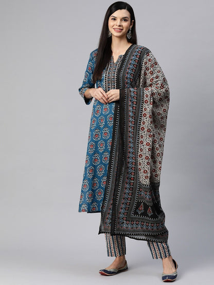 Straight Style Cotton Fabric Navy Blue Color Kurta With Bottom With Dupatta