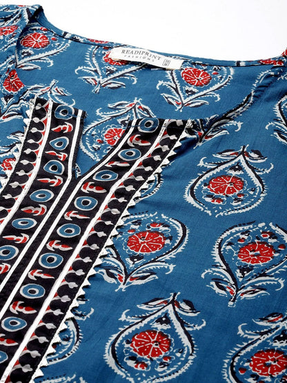 Straight Style Cotton Fabric Navy Blue Color Kurta With Bottom With Dupatta